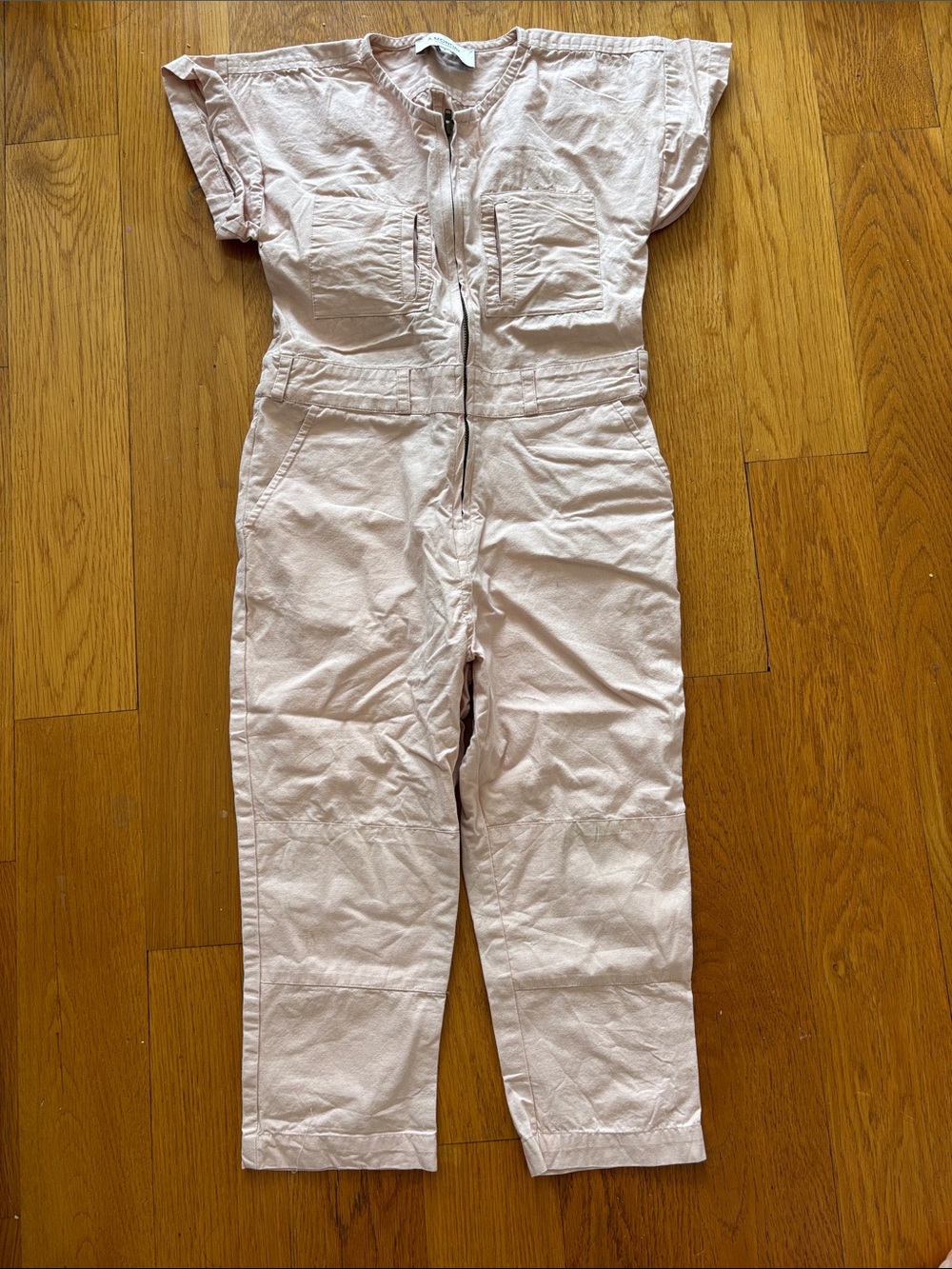 A Monday Girls' Washed Pink Short-Sleeve Jumpsuit with Front Zip